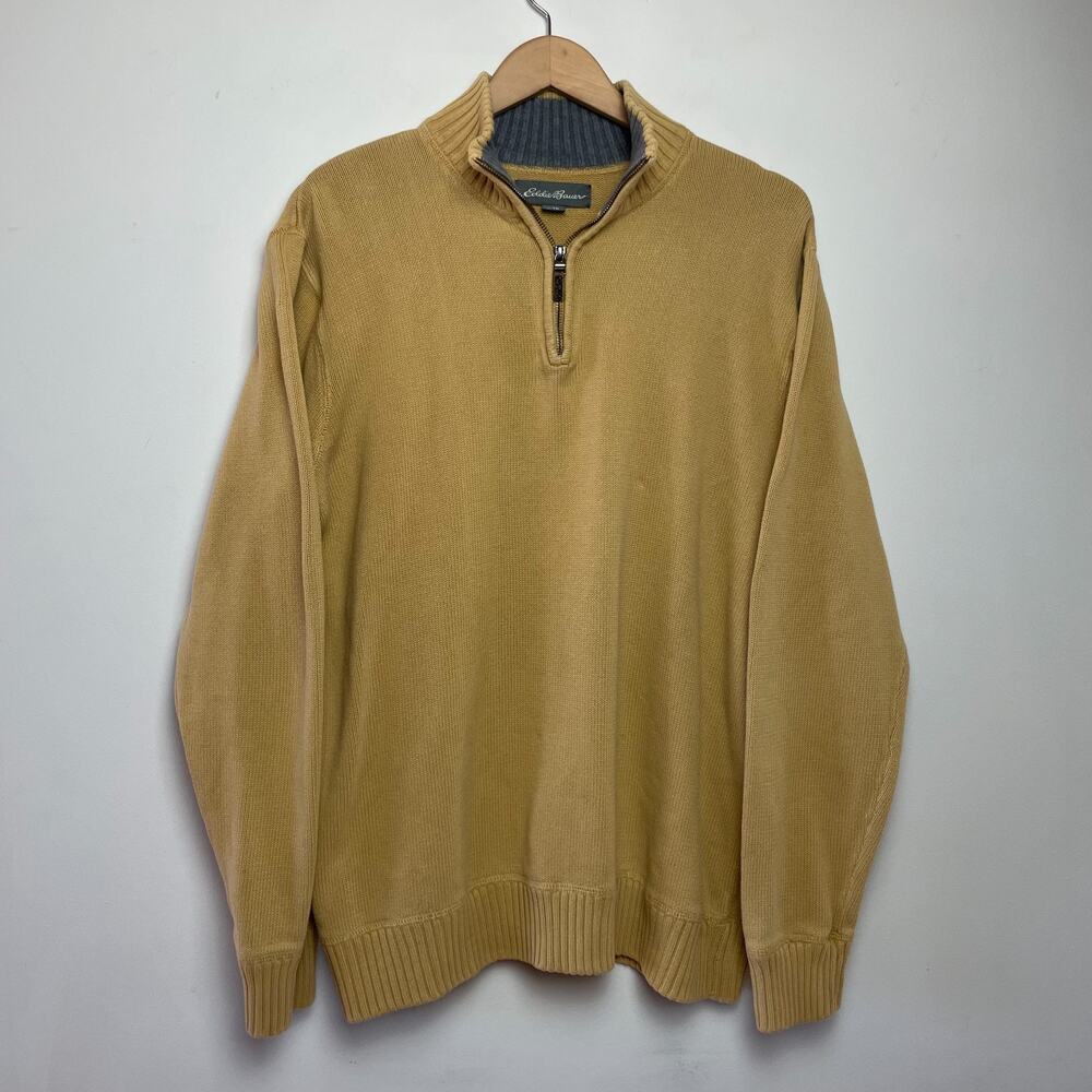 Eddie Bauer Quarter 1/4 Zip Sweater Mens TXL Yellow Cotton Preppy Quiet Luxury